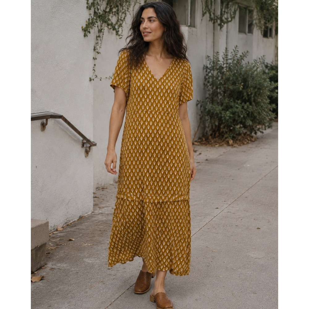VETTA Capsule The House Dress Convertible Tencel Midi Maxi Gold Print S
